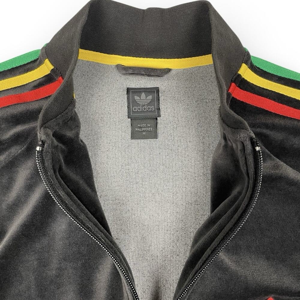 Vintage Black Adidas Rasta Track Jacket Velour Mens Y2K Reggae Rare Size Medium - Picture 3 of 5